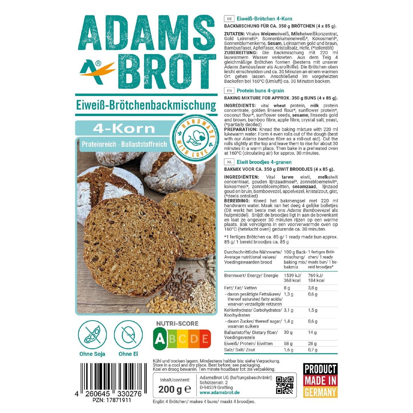 Eiweiß Brötchenbackmischung 4-Korn 200g Beutel | Adamsbrot