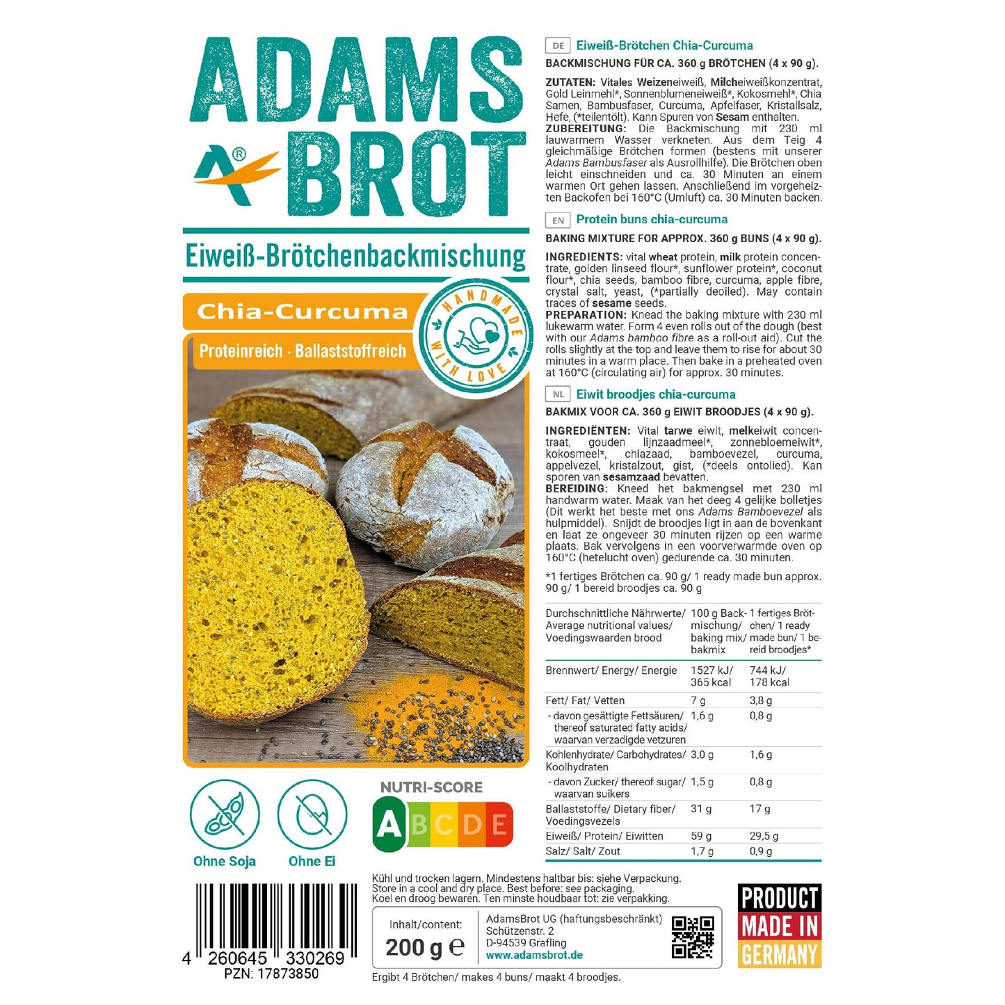 Eiweiß Brötchenbackmischung Chia-Curcuma 200g Beutel | Adamsbrot