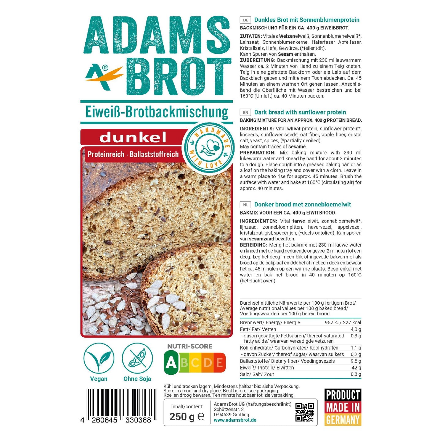 Eiweiß Brotbackmischung Dunkel 250g Beutel | Adamsbrot
