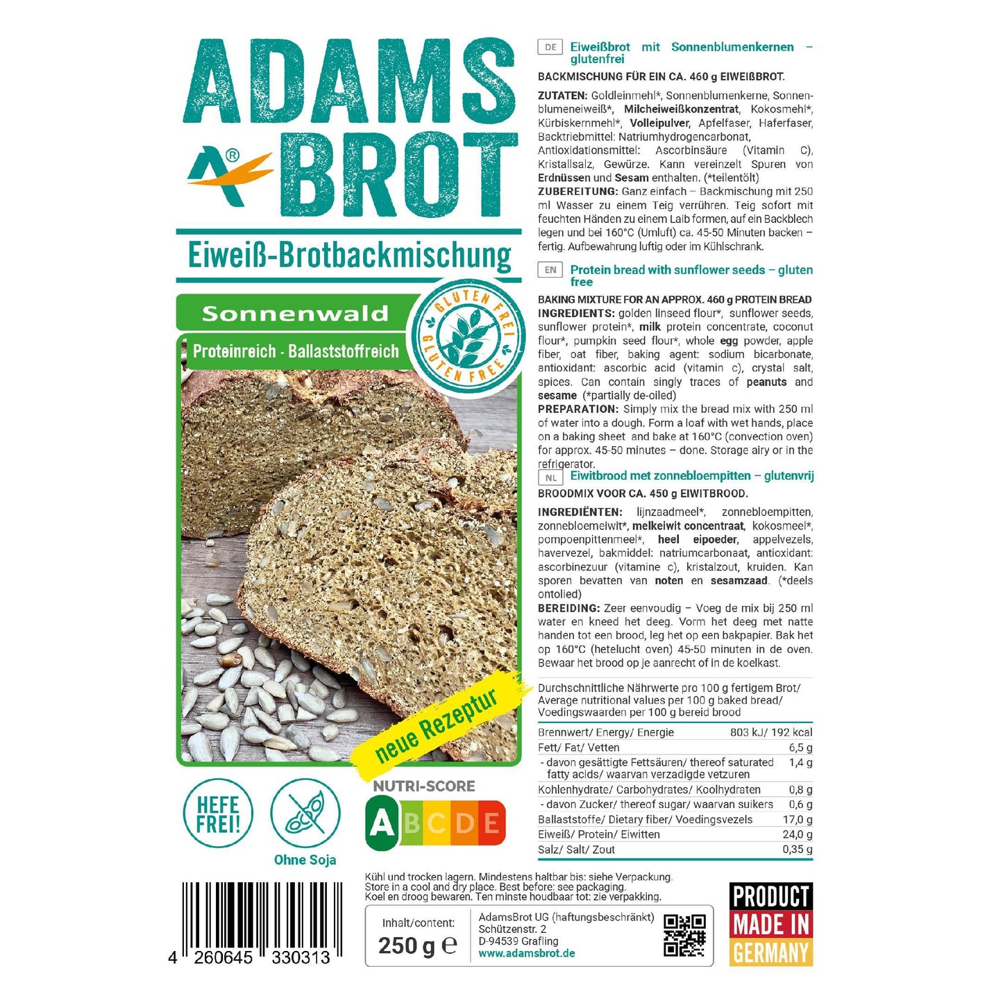 Eiweiß Brotbackmischung Sonnenwald 250g Beutel | Adamsbrot