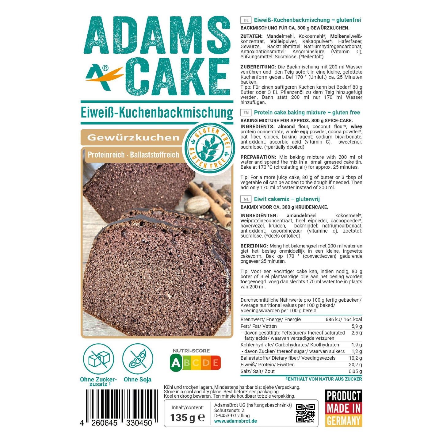 Eiweiß Kuchen Backmischung Gewürzkuchen 135g Beutel | Adamsbrot