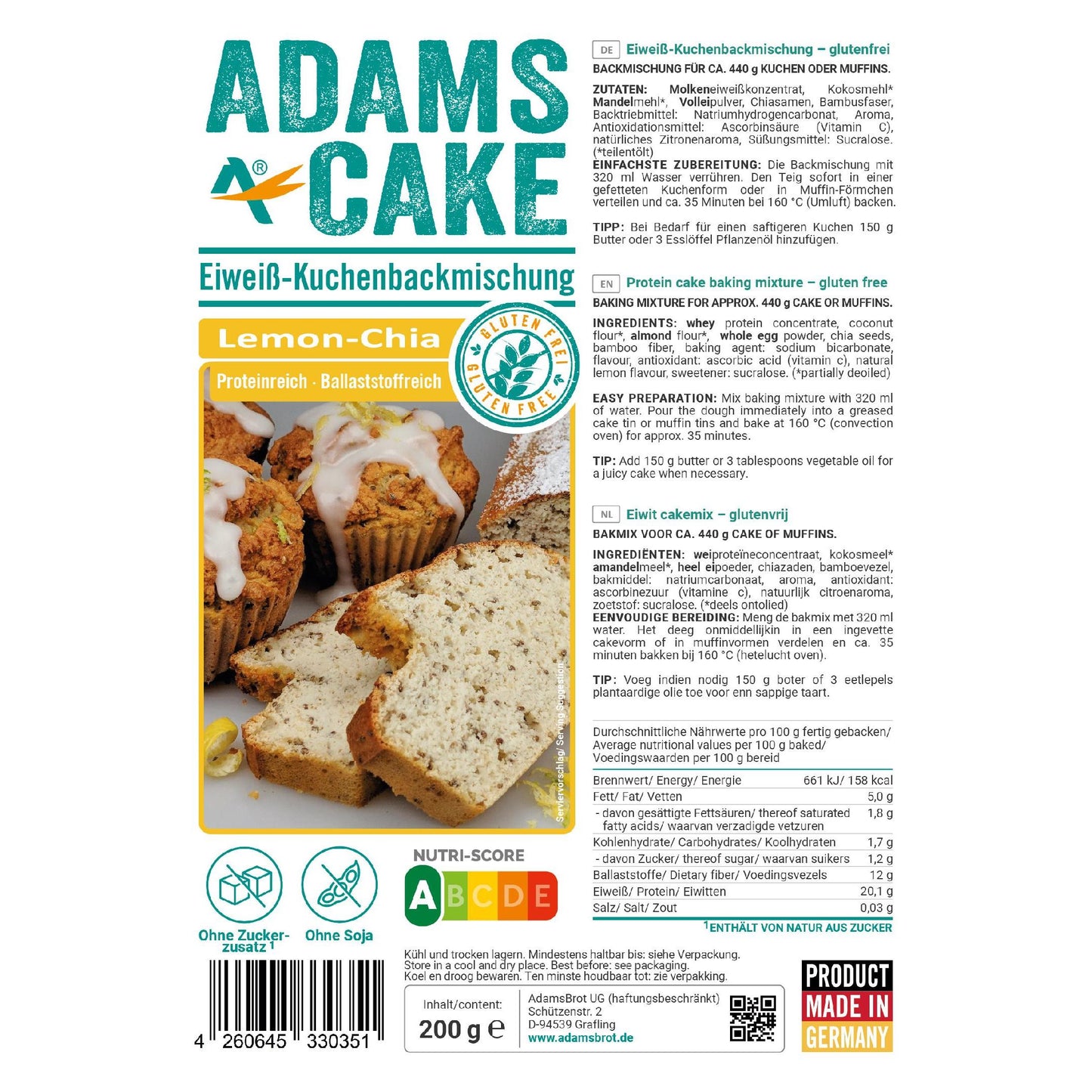 Eiweiß Kuchen Backmischung Lemon Chia 200g Beutel | Adamsbrot