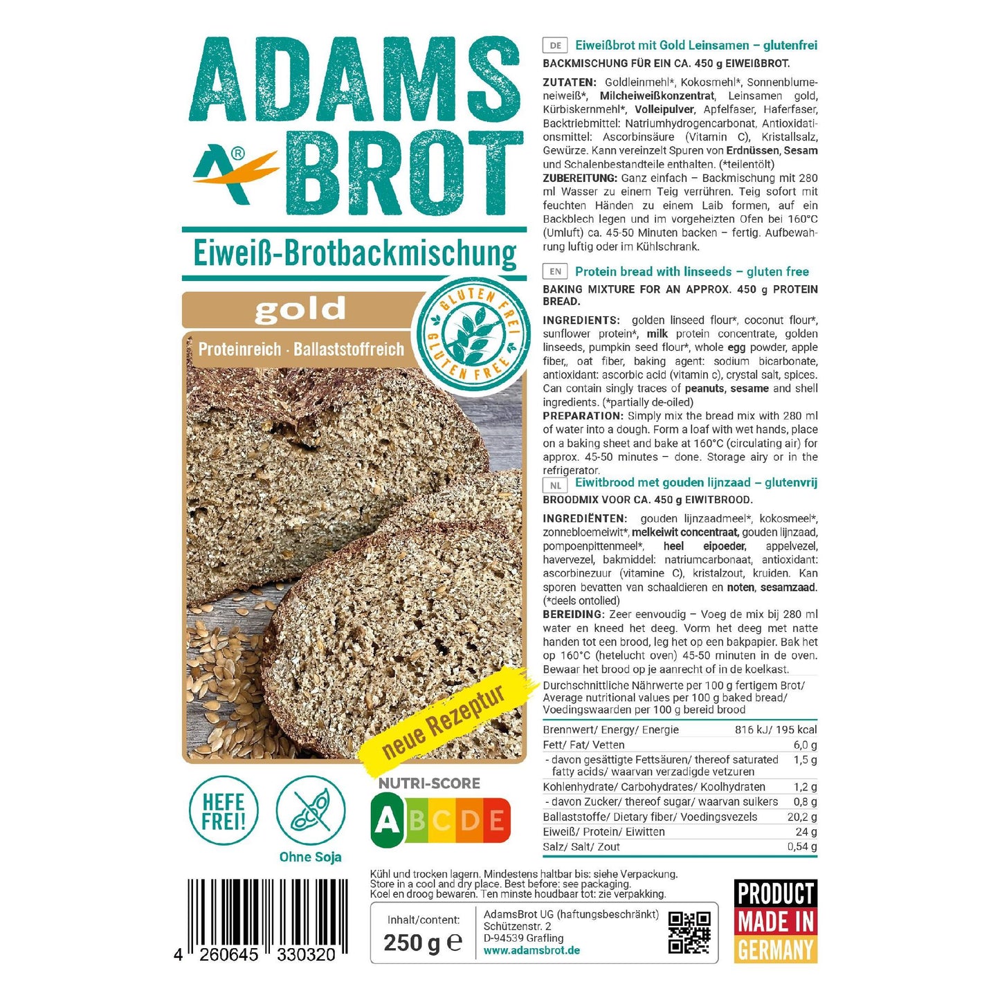 Eiweiß Brotbackmischung Gold 250g Beutel | Adamsbrot