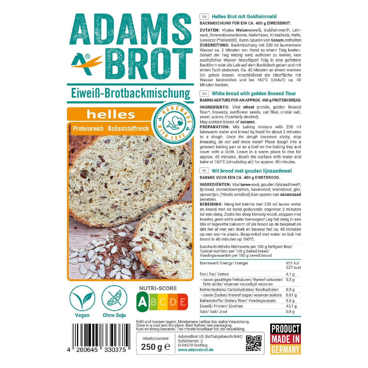 Eiweiß Brotbackmischung Hell 250g Beutel | Adamsbrot