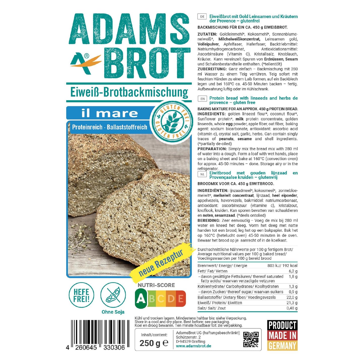 Eiweiß Brotbackmischung il mare 250g Beutel | Adamsbrot