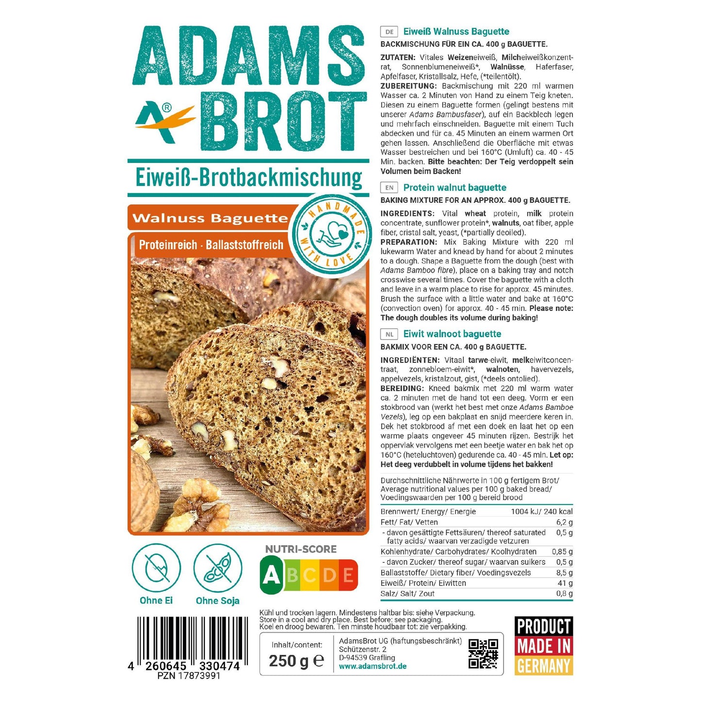 Eiweiß Walnuss Baquette Backmischung 250g Beutel | Adamsbrot